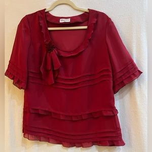 European Size 44, wine/maroon colored sheer blouse by Bimex with rosette detail